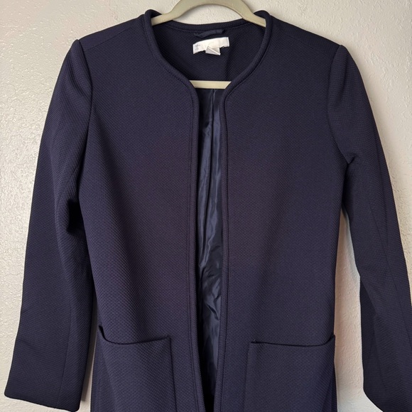 H&M navy blue waffle long coat blazer pocket open front 6 - Picture 2 of 9